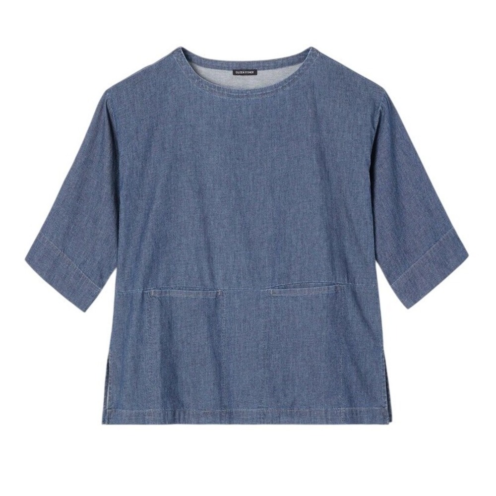 Eileen Fisher Denim Blue Organic Cotton Boxy Top Size XL‎ Airy Twill Bateau Neck